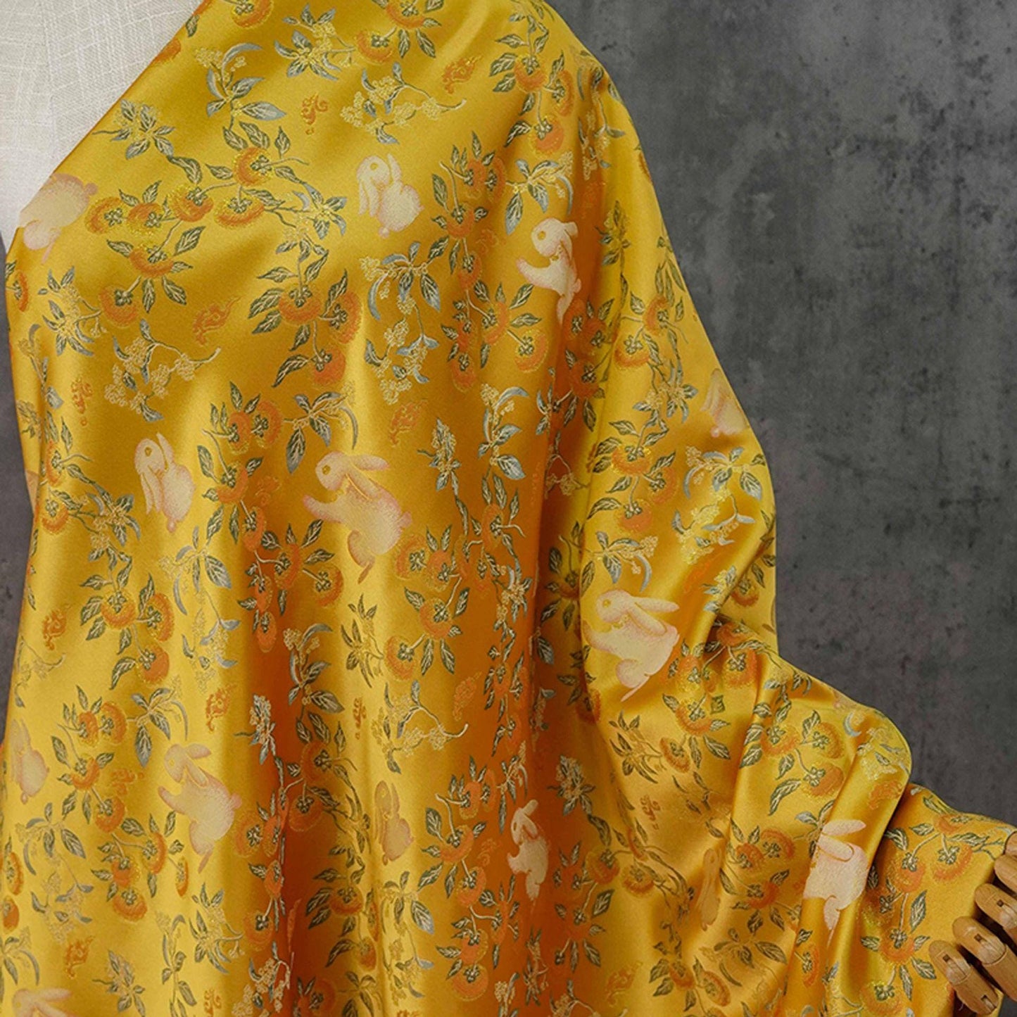 Floral Rabbit Brocade Fabric, Yellow Chinese Jacquard, 58" Wide