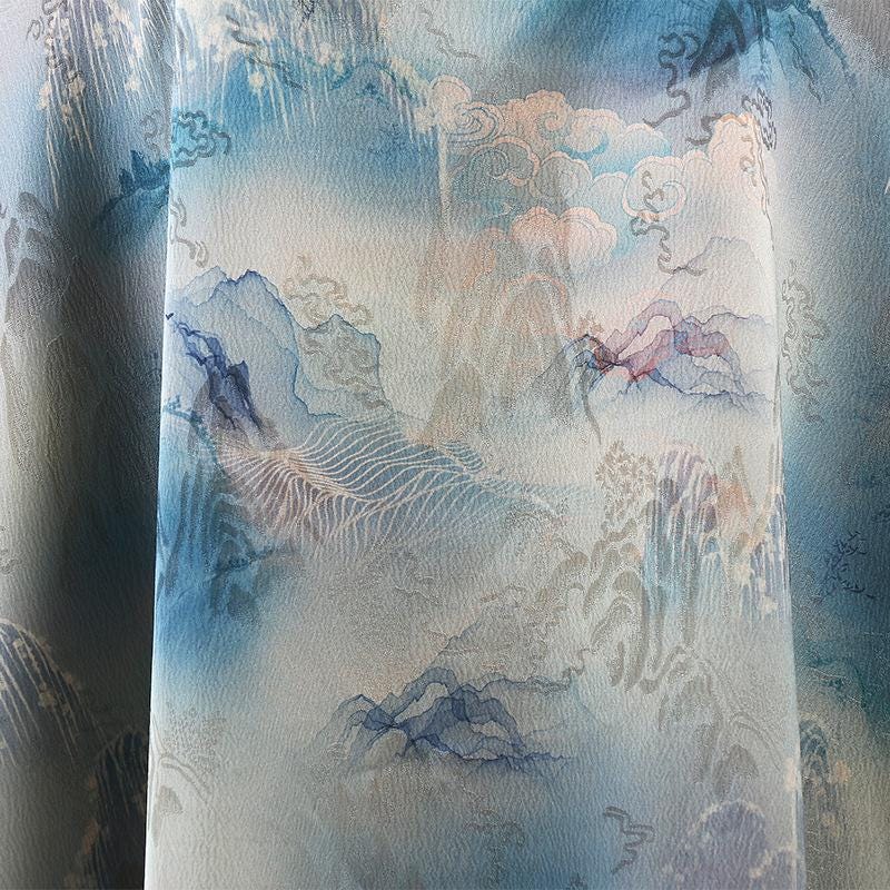 Ancient Mountain Tea Silk Satin Fabric: Digital Print Drapery, 59"W