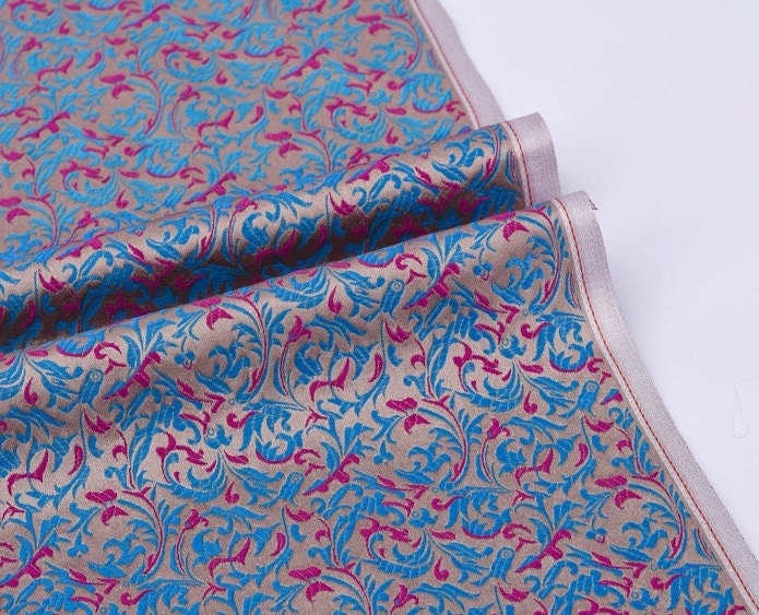 Fuchsia & Blue Brocade Fabric: Reversible Woven Damask, Wheat Pattern