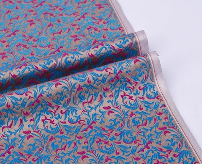 Fuchsia & Blue Brocade Fabric: Reversible Woven Damask, Wheat Pattern