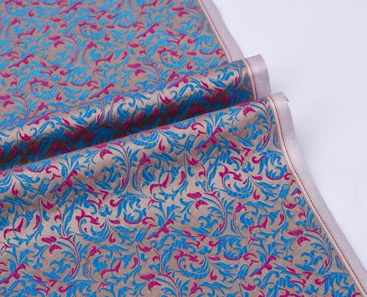 Fuchsia & Blue Brocade Fabric: Reversible Woven Damask, Wheat Pattern