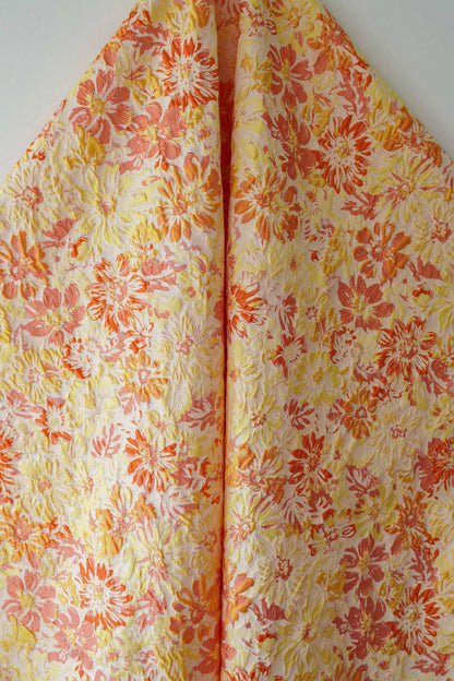 Yellow Jacquard Woven Fabric: 3D Embossed Flower Pattern, 57" Wide