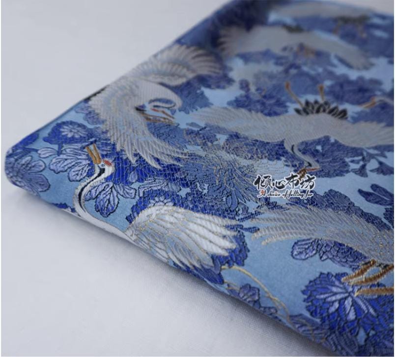Crane Jacquard Satin Fabric: Japanese Brocade, Silver Grey, 29.5"W
