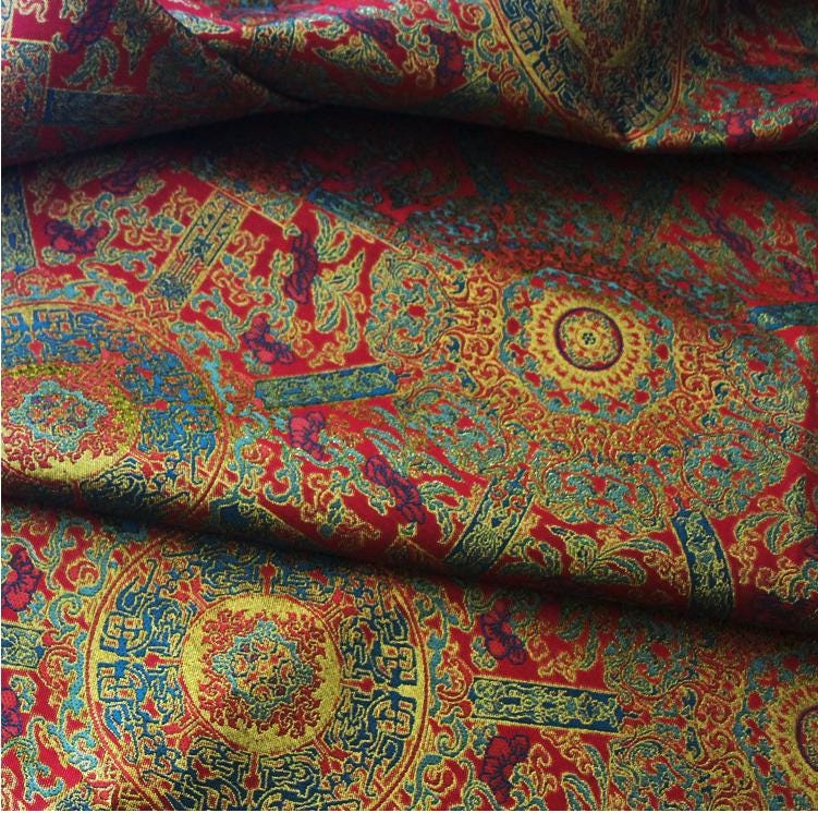 Mongolian Bada Fabric: Tibetan Caisson Pattern Rayon, 58"W, By The Meter