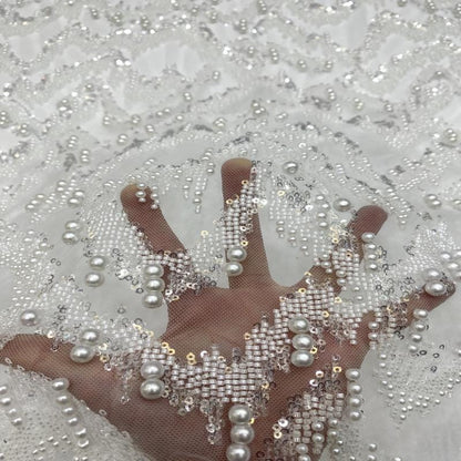 Luxury Beaded Fabric with Pearls Sequins ��� High-End Bridal & Evening Gown Embellished Textile, Wedding dress fabr"Wide