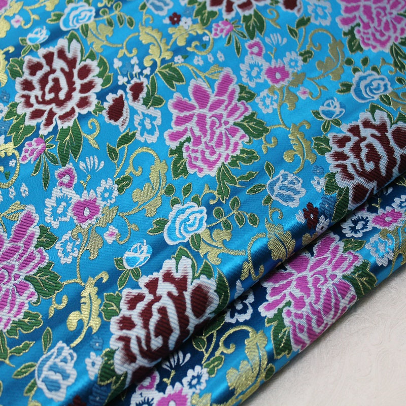 Sky Blue Silk Brocade Fabric: Peony Flower Design, 29"W