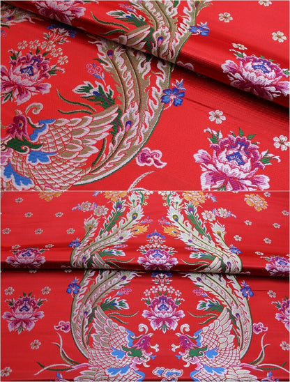 China Red Silk Brocade Fabric: Phoenix Wedding Gown Material