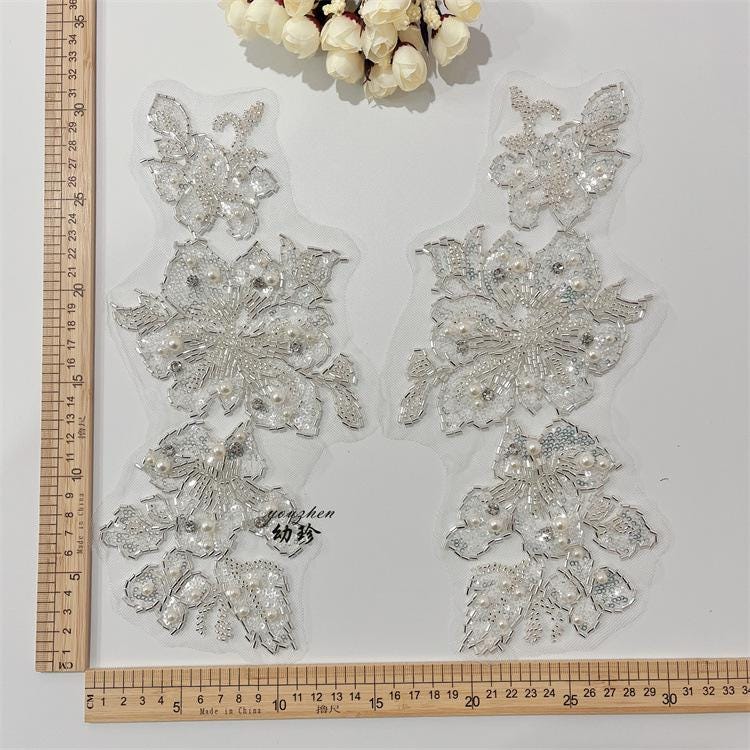 Embroidered Lace Trim: Light Ivory Bridal Wedding Veil Fabric, Sequins (By Yard)