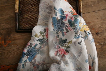 Floral Ramie Fabric: Ancient Ink Painting Print, 57" Wide