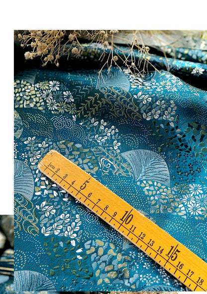 Tissu japonais Nishijin bleu sarcelle : Brocart de soie pour la couture