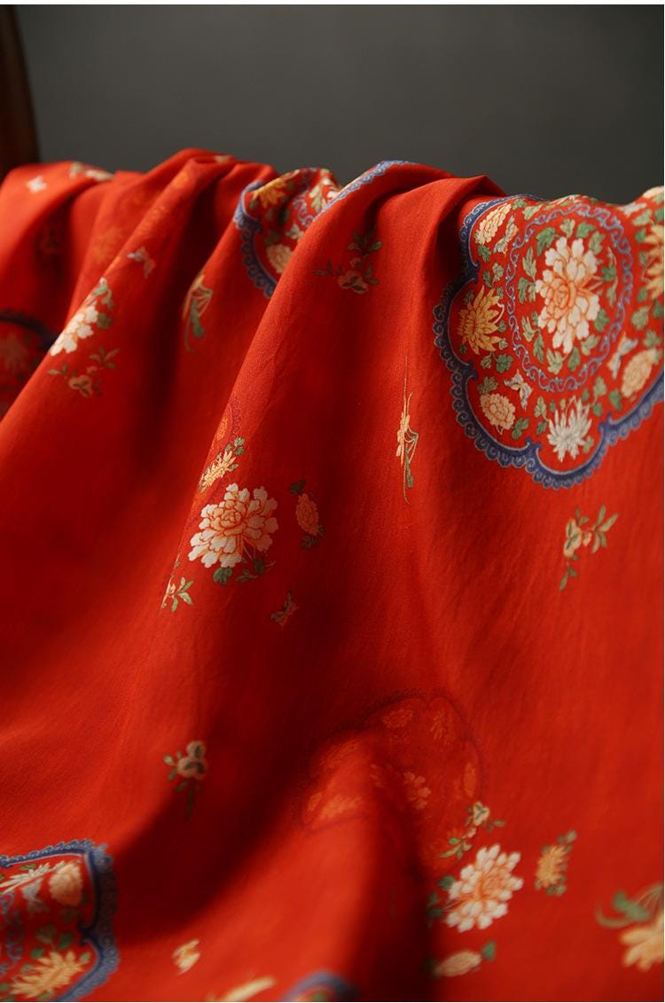 Floral Rayon Cotton Blend Fabric: Red Upholstery, Costume, & Sewing - 59"W