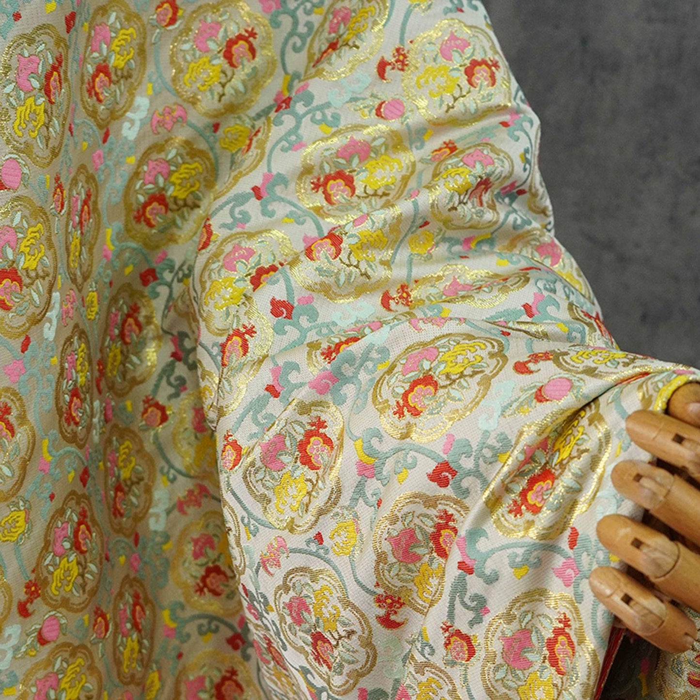 Oriental Medallion Jacquard Fabric, Gold Thread Chinese Textile, 59"W