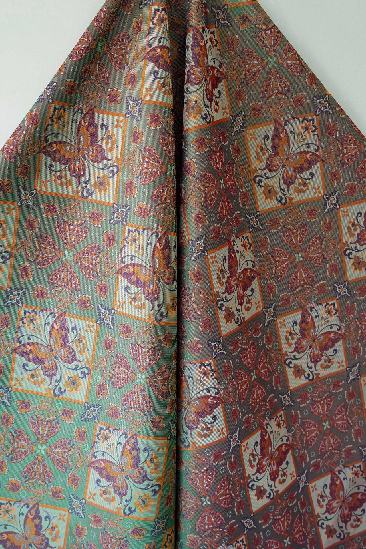 Butterfly Floral Jacquard Fabric: Ethnic Green Iridescent Sewing Material (59"W, By The Meter)