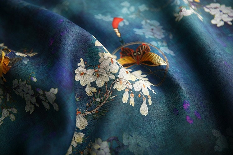 Jade Green Floral Ramie Fabric: Natural Fiber, Upholstery & Sewing (57"W)