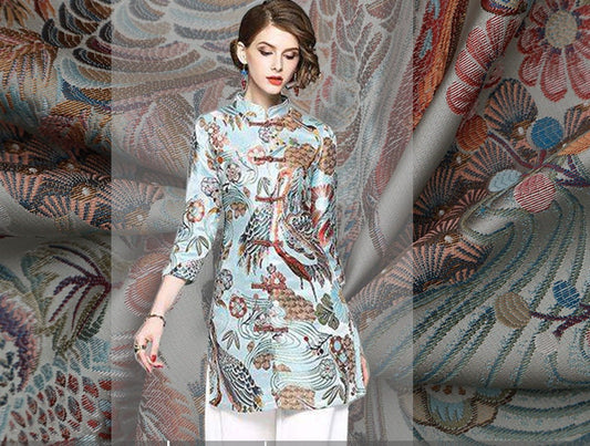 Crane & Flower Jacquard Fabric: Vintage Embroidery Style, 57" Wide