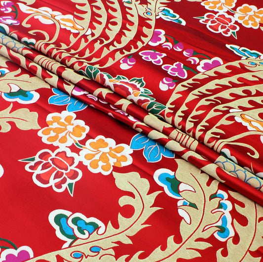 Silk Brocade Fabric: Red & Gold Phoenix Embroidery, Cheongsam Qipao Sewing (28"W)