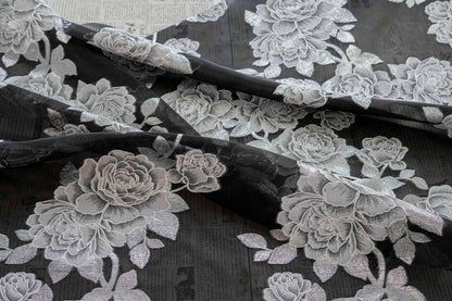 Black and white Peony Silver Thread Jacquard Semi-Sheer Fabric, 55"Wide