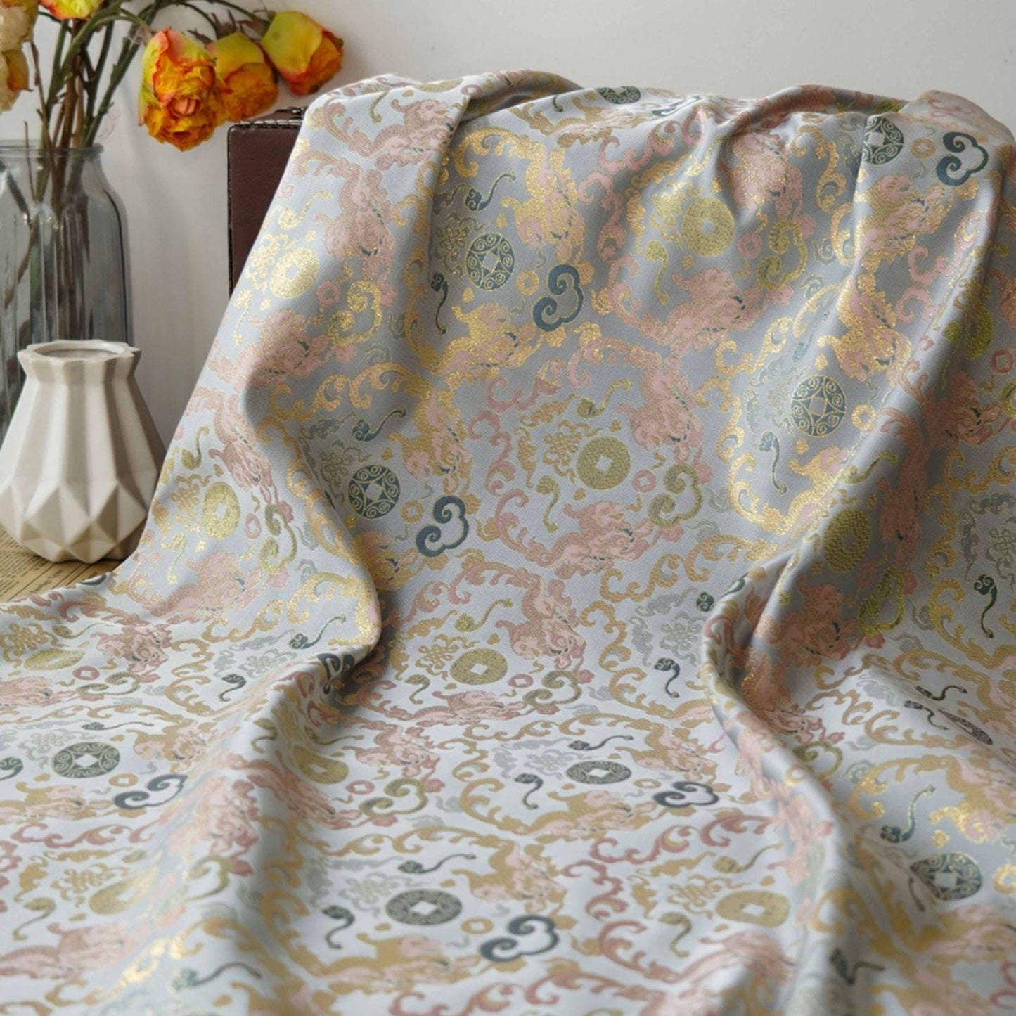 Gold Thread Brocade Fabric: Mongolian Tibetan Style, 59" Wide
