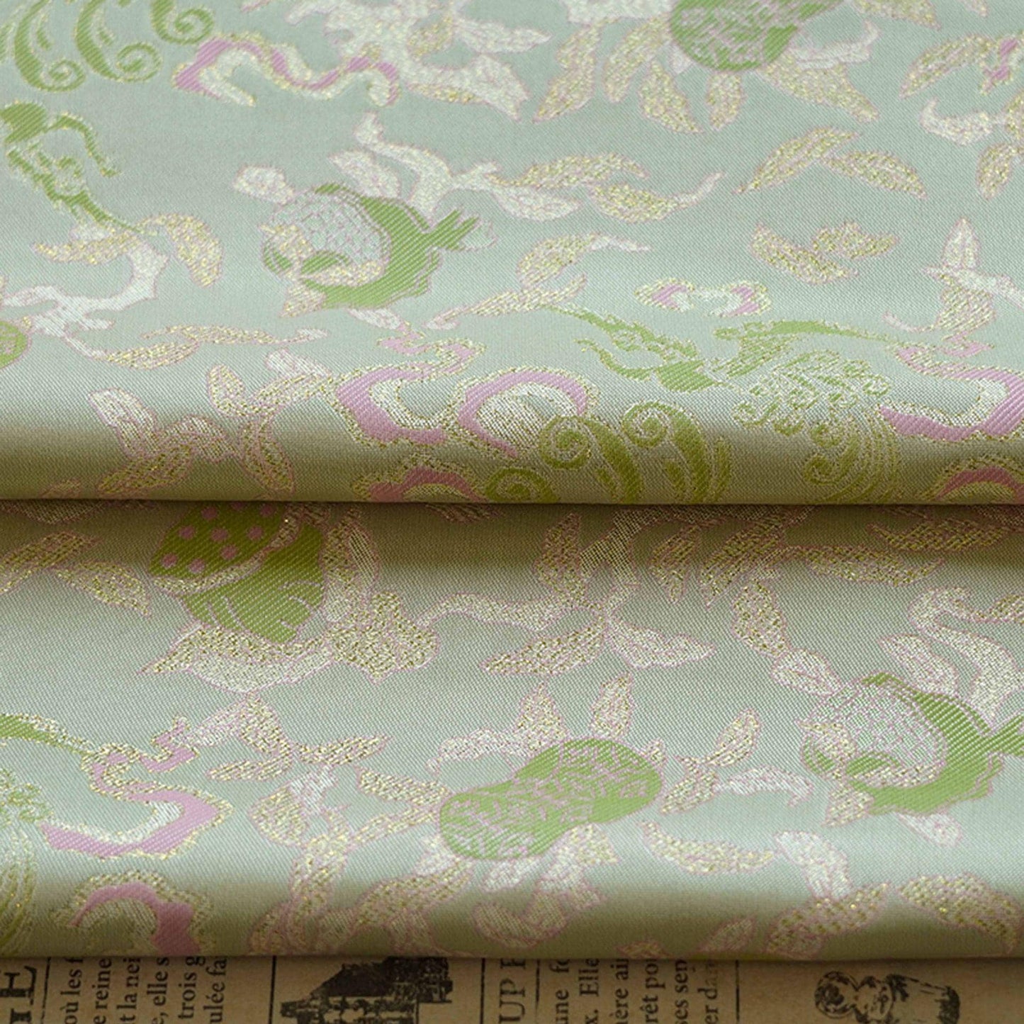Bean Green Jacquard Fabric with Gold Thread: 55" Wide