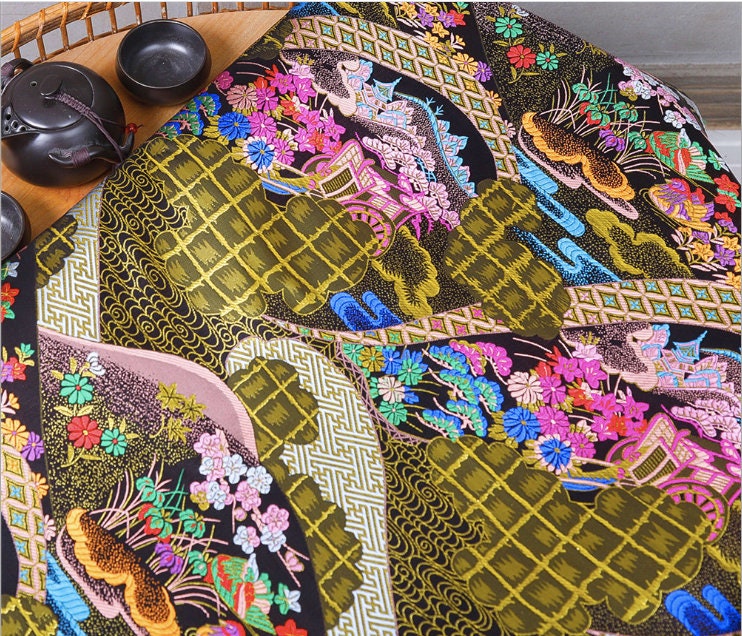 Floral Jacquard Brocade Fabric: Japanese Architecture, 59" Wide