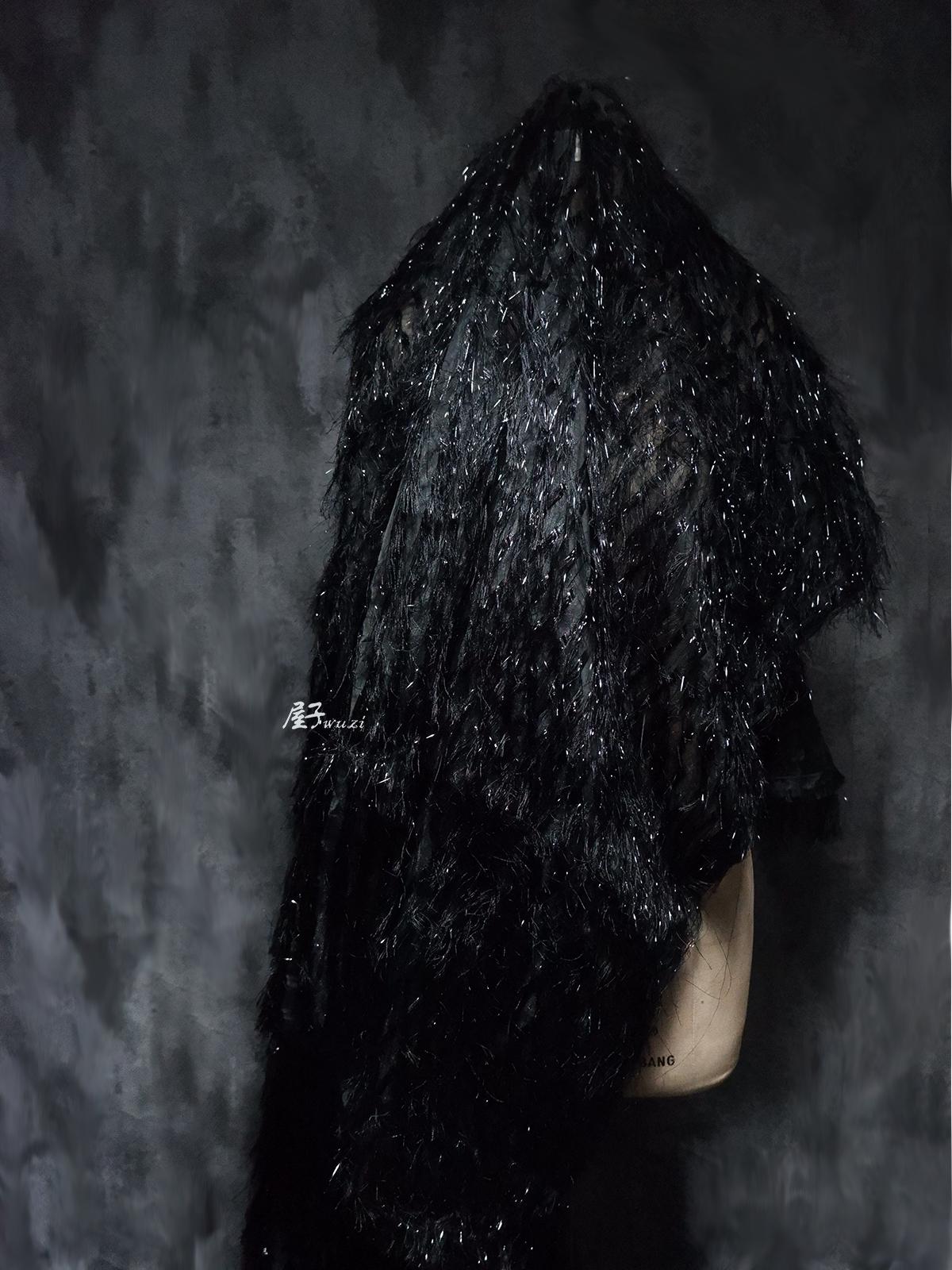 Black Jacquard Gauze Fabric: Tassel Trim, Hand-Cut DIY Sewing