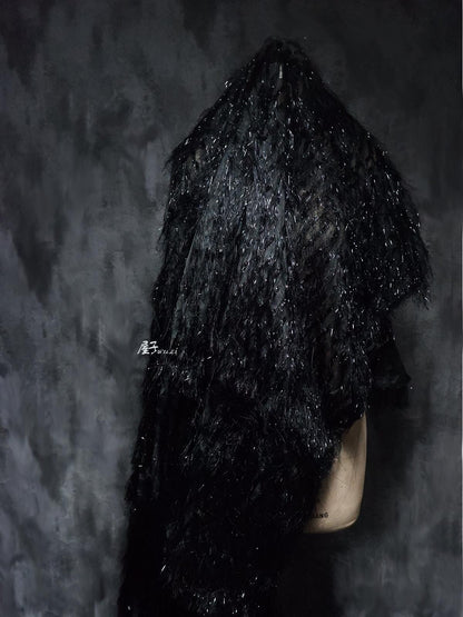 Black Jacquard Gauze Fabric: Tassel Trim, Hand-Cut DIY Sewing