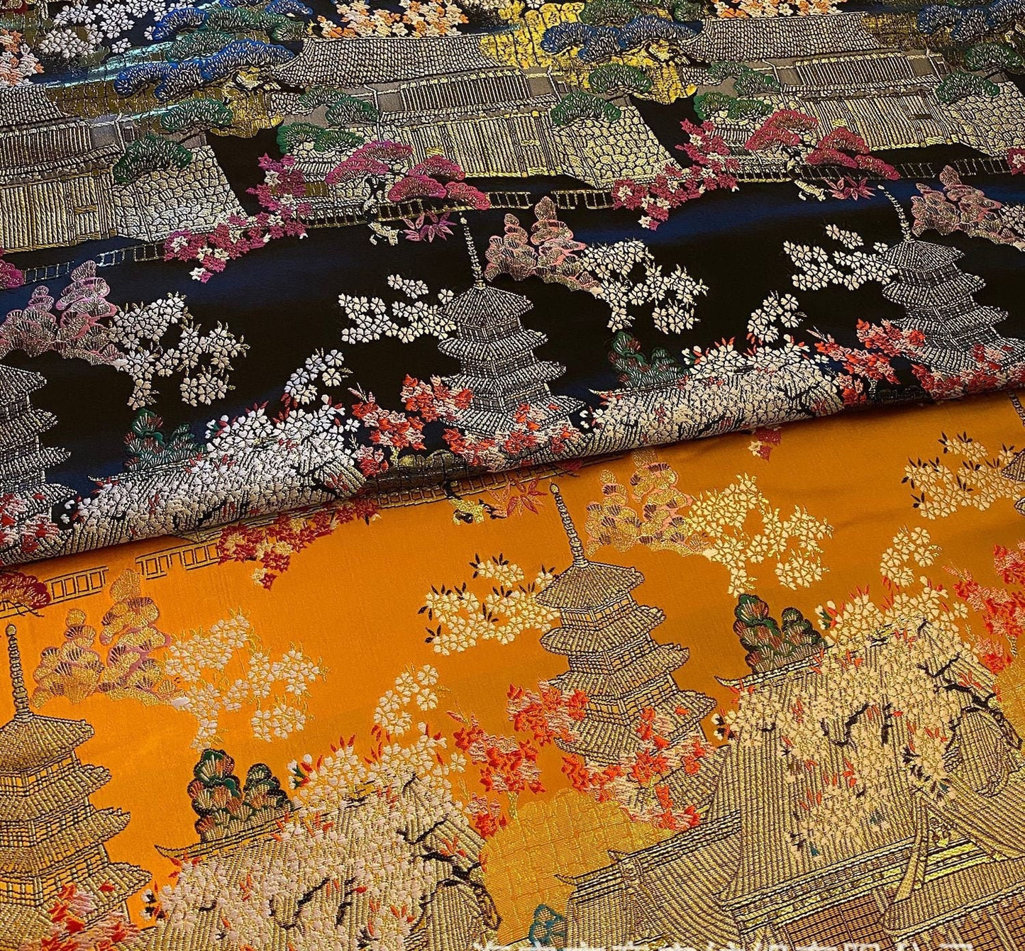 Tissu brocart Kinran japonais : Architecture ancienne, tissu à coudre à motifs floraux