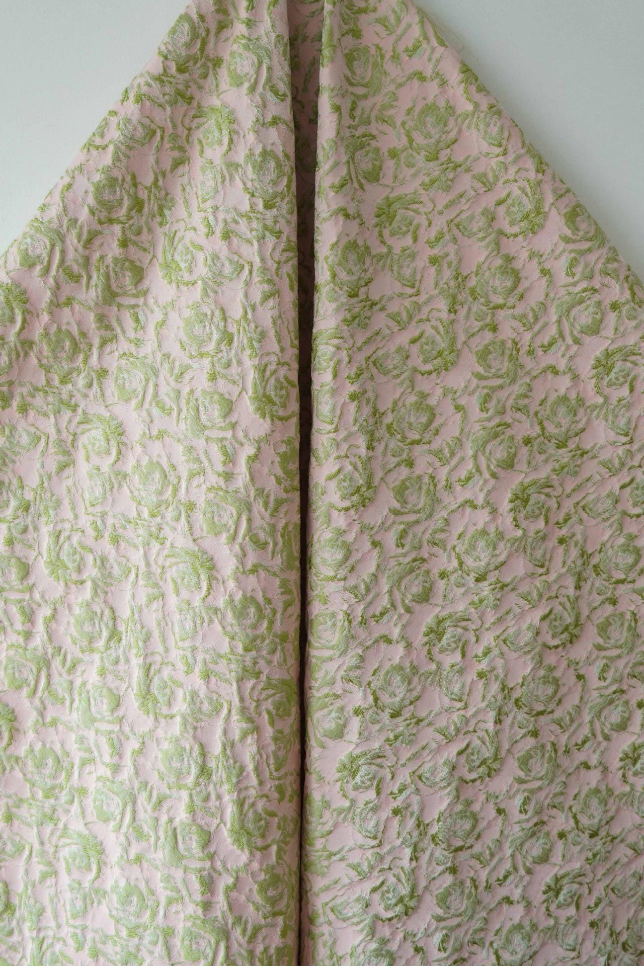 Floral Jacquard Woven Fabric: Green, Pink & Gold Reversible Upholstery - 60"W