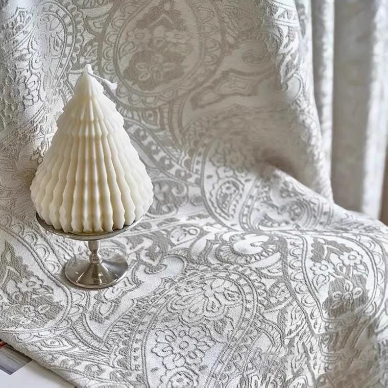 French Vintage Paisley Jacquard Curtain Fabric ��� Luxury Embossed Cream Drapery, 114��� Extra-Tall Height, Sold by the Meter, Co