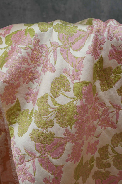 Pink Floral Jacquard Brocade Fabric with Gold Thread, 58" Wide