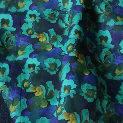 Floral Ramie Fabric: Blue Purple Oil Painting Print, 57" Wide