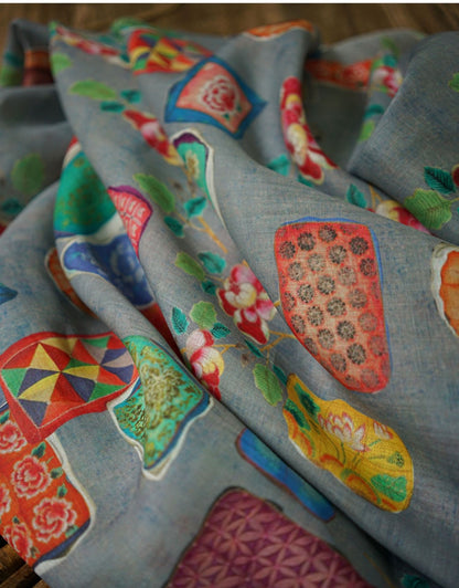 Vintage Style Ramie Fabric: Floral Art Print, 55" Wide - Poppylollipop