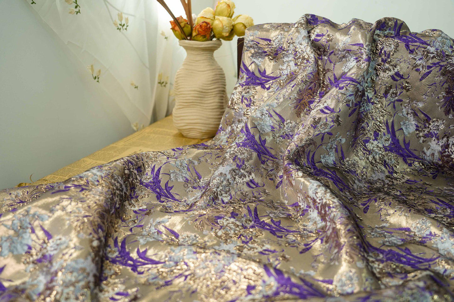 Gold Thread Floral Jacquard Fabric: 3D Texture Upholstery, Prom Dress Sewing (59" W)