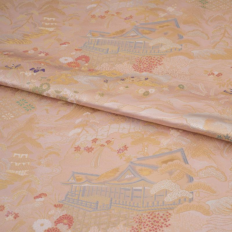 Nishijin Ori Brocade Fabric: 59"W Japanese Pavilion Pattern Satin