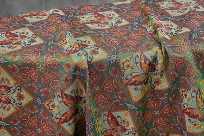 Butterfly Floral Jacquard Fabric: Ethnic Green Iridescent Sewing Material (59"W, By The Meter)