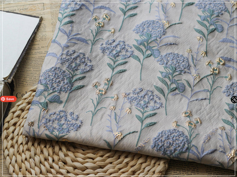 Blue Dandelion Jacquard Fabric: Lurex Woven with Gold, 56" Wide