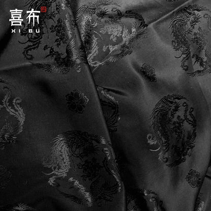 Black Dragon Phoenix Jacquard Fabric: Chinese Antique Style (59"W)
