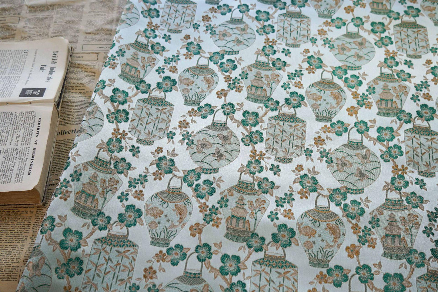 Green Brocade Fabric: Ancient Chinese Painting Pattern, 65" Wide