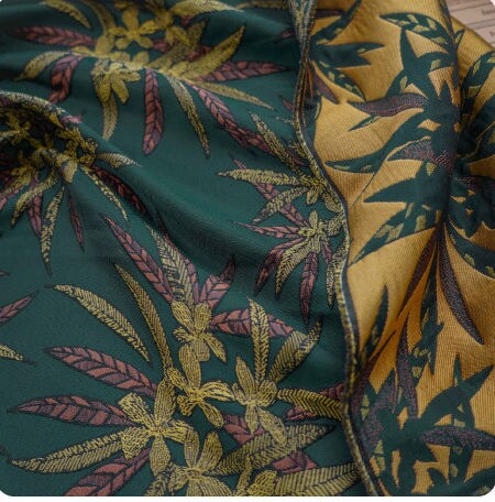 Tissu jacquard réversible vert foncé : revêtement d’ameublement tissé à motif floral en relief, 162,5 cm de large