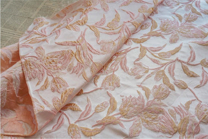 Gold Thread Jacquard Fabric: 3D Embossed Floral Woven Upholstery - 62"W