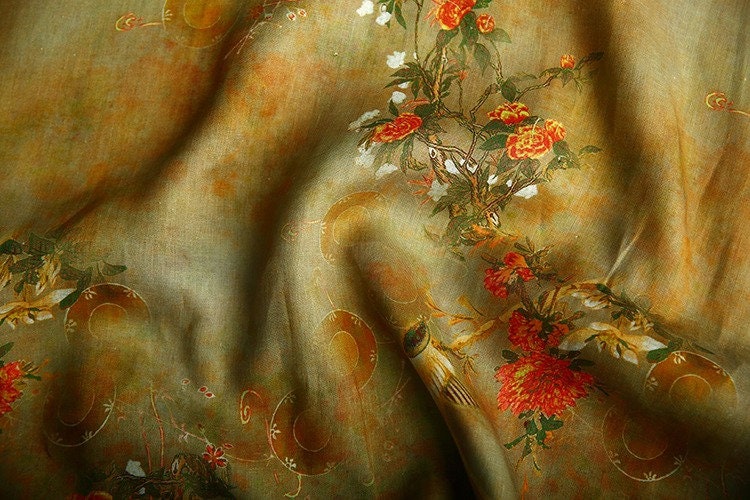 Tissu ramie peint à l'encre de Dunhuang : motif floral, 145 cm de large