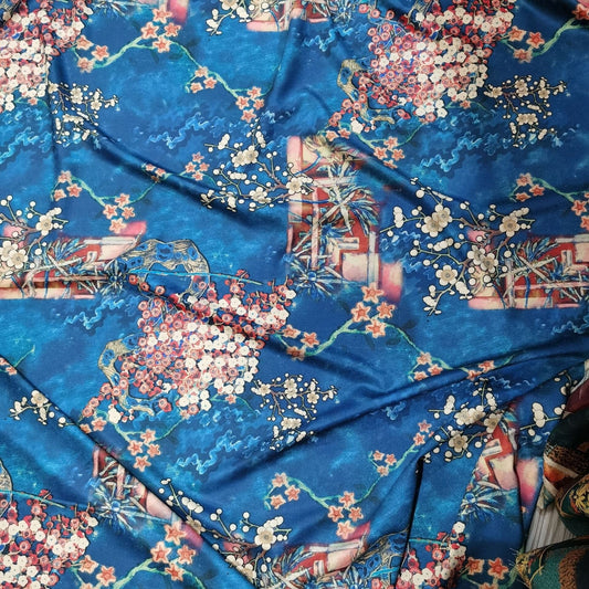 Turquoise Silk Satin Fabric: Plum Blossom Print, 58" Wide