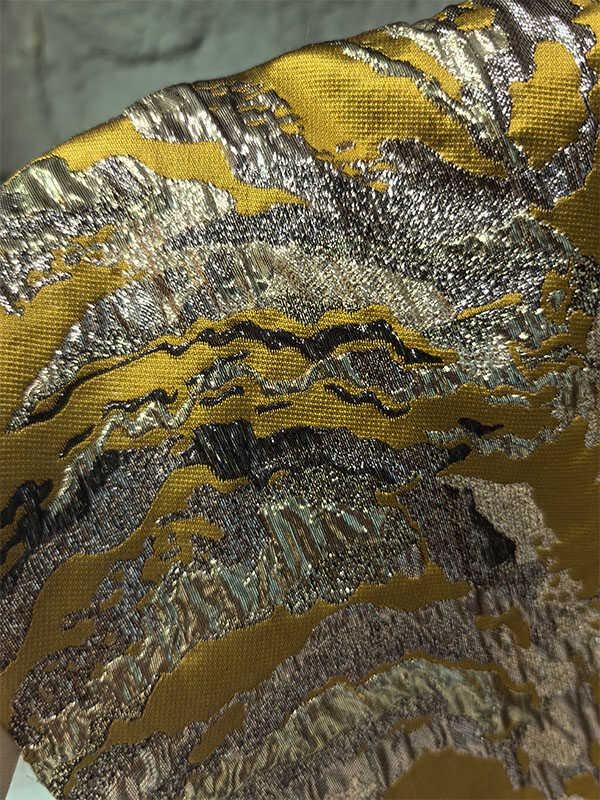 Gold Thread Jacquard Fabric: 3D Mountain Design, 59" Wide
