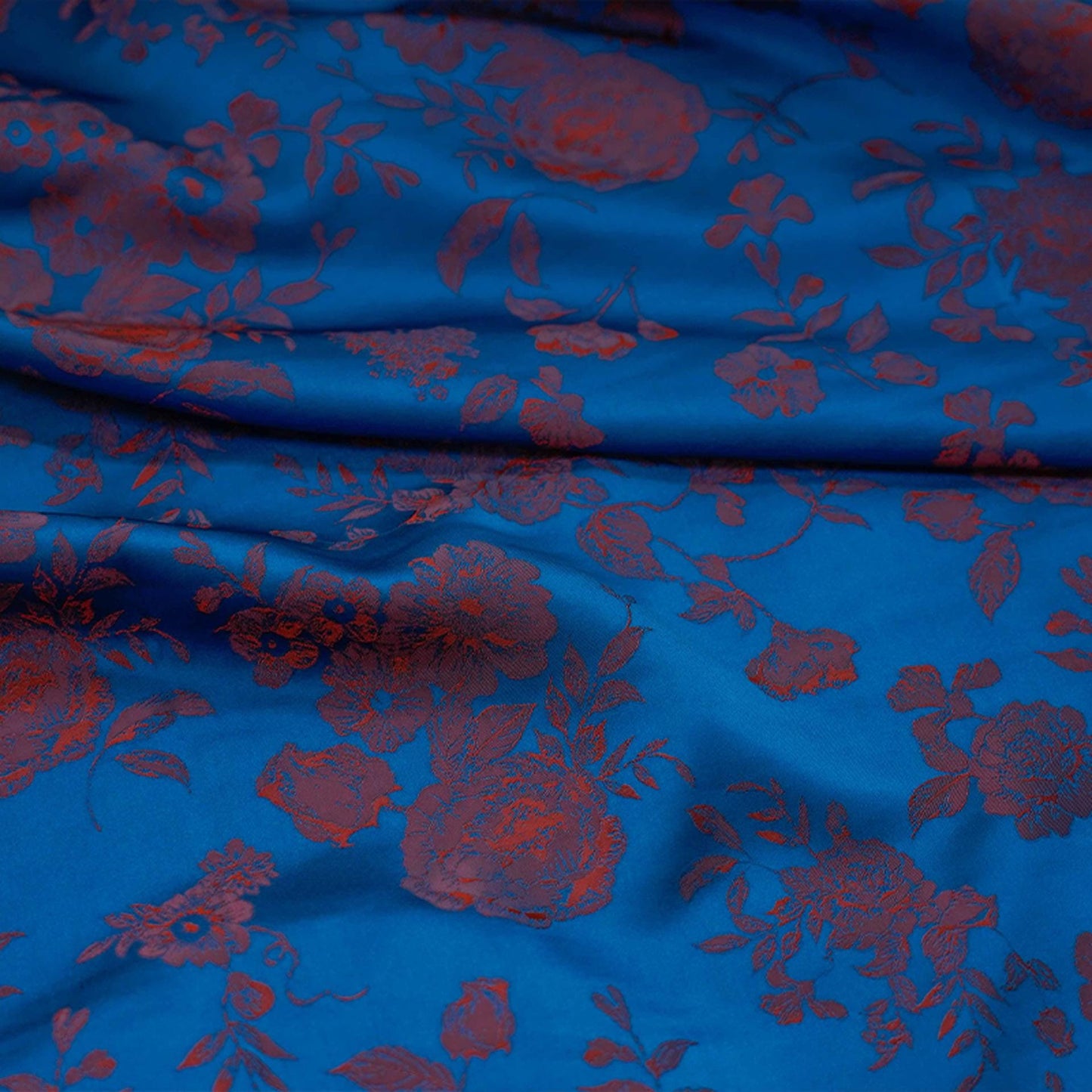 Tissu brocart jacquard à motif floral : mélange de soie et rayonne bleu, 114 cm de large