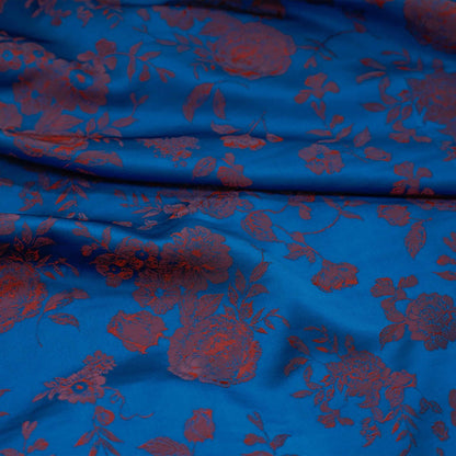 Tissu brocart jacquard à motif floral : mélange de soie et rayonne bleu, 114 cm de large