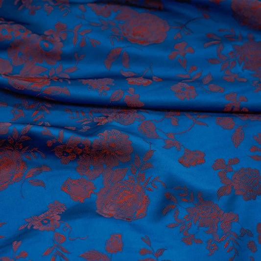 Tissu brocart jacquard à motif floral : mélange de soie et rayonne bleu, 114 cm de large
