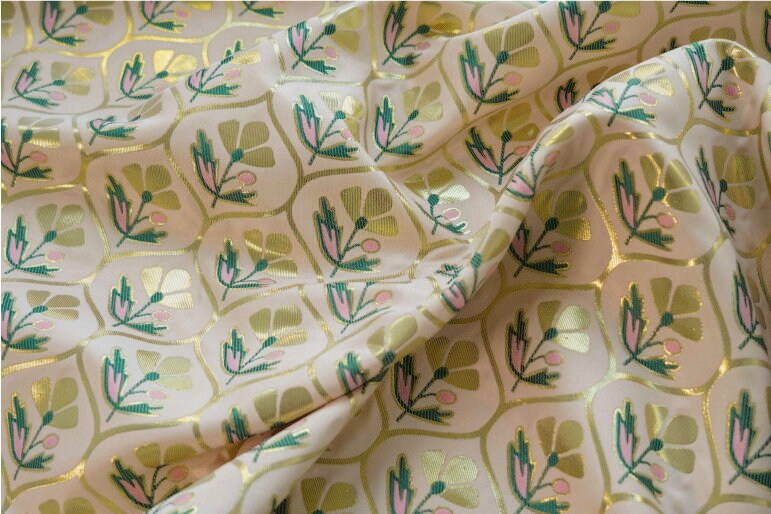 Gold Floral Jacquard Fabric: Embossed Flower Pattern, 60" Wide