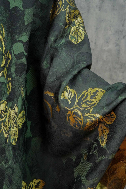 Green Jacquard Woven Fabric: 3D Gold Thread Embossed Texture, 61"W - Upholstery & Costume
