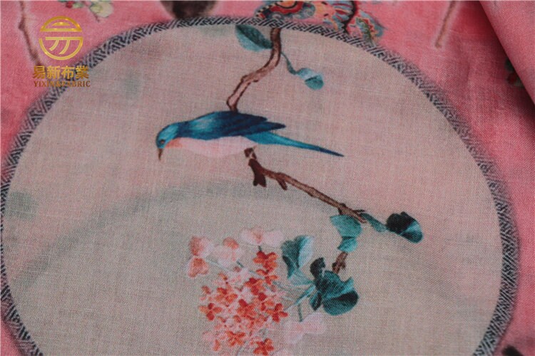 Floral Linen Fabric: Asian Style Pink Upholstery & Sewing Material (55"W)