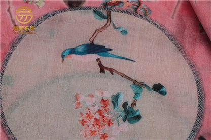 Floral Linen Fabric: Asian Style Pink Upholstery & Sewing Material (55"W)